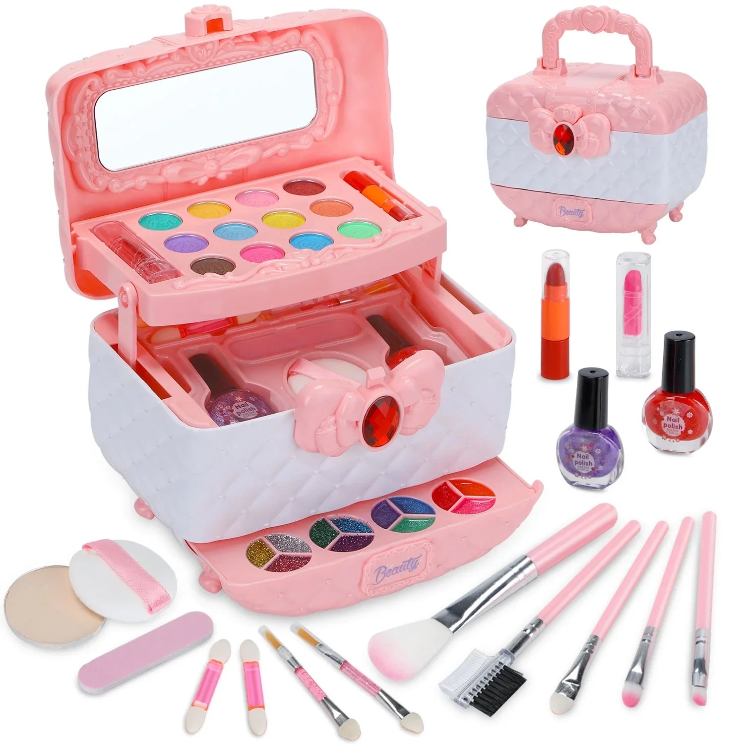 Kids Makeup Kit for Girl 42 Pcs Washable Toddler Makeup Kit, Girl Toys Real Cosmetic Makeup Set, Safe & Non-Toxic Frozen Makeup Set for 3-12 Year Old Kids Christmas & Birthday Gift (Pink)