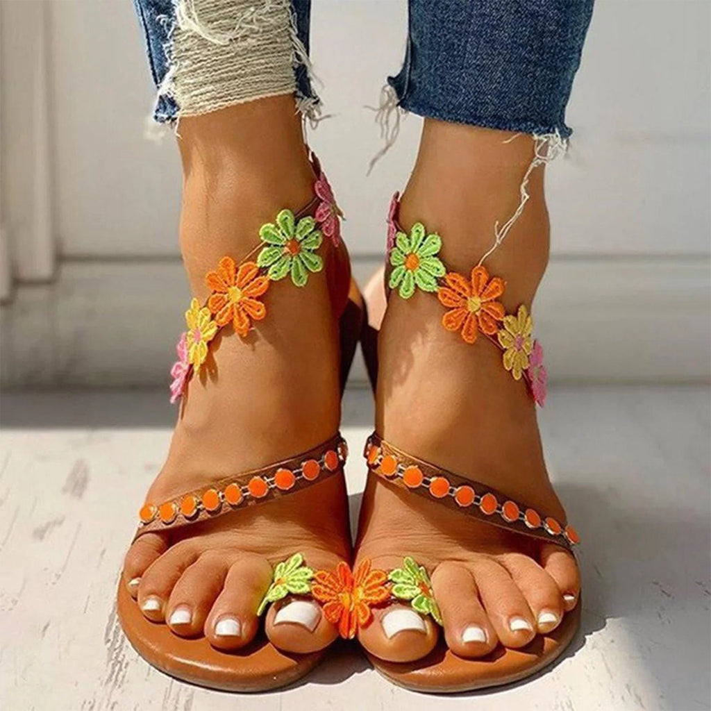 Summer Ladies Fashion Flower Breathable Printing Round Toe Flat Sandals Womens Designer Sandals Women Summer Sandals Strap Low Wedge Sandals for Women Rhinestone Sandals for Women Size 9 Flip Flop