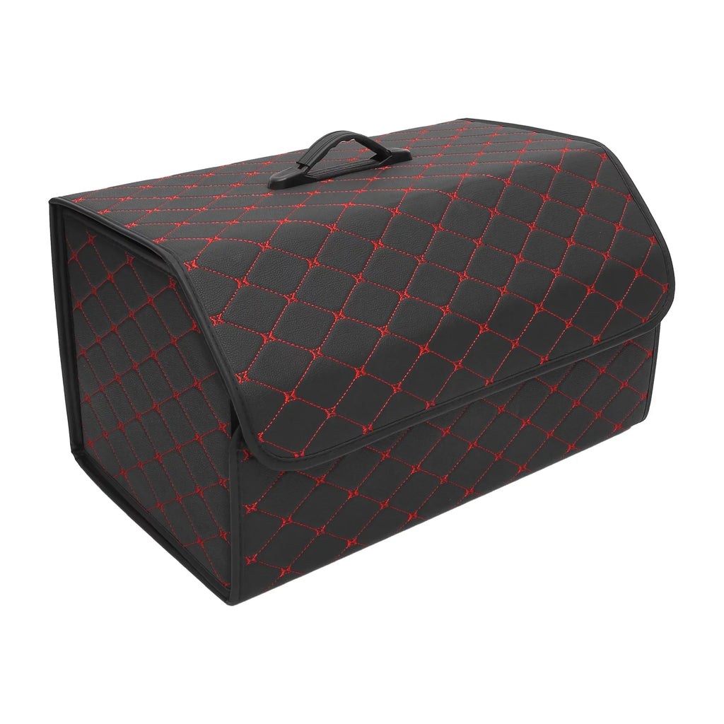 54x31x29cm Black  Leather Car Storage Bag Trunk Organiser Foldable Boot Bag with Handle for Truck  Red Stitches