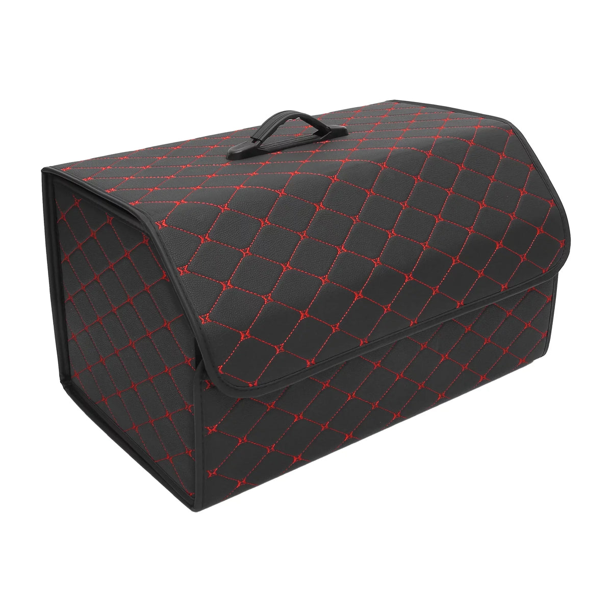 54x31x29cm Black  Leather Car Storage Bag Trunk Organiser Foldable Boot Bag with Handle for Truck  Red Stitches