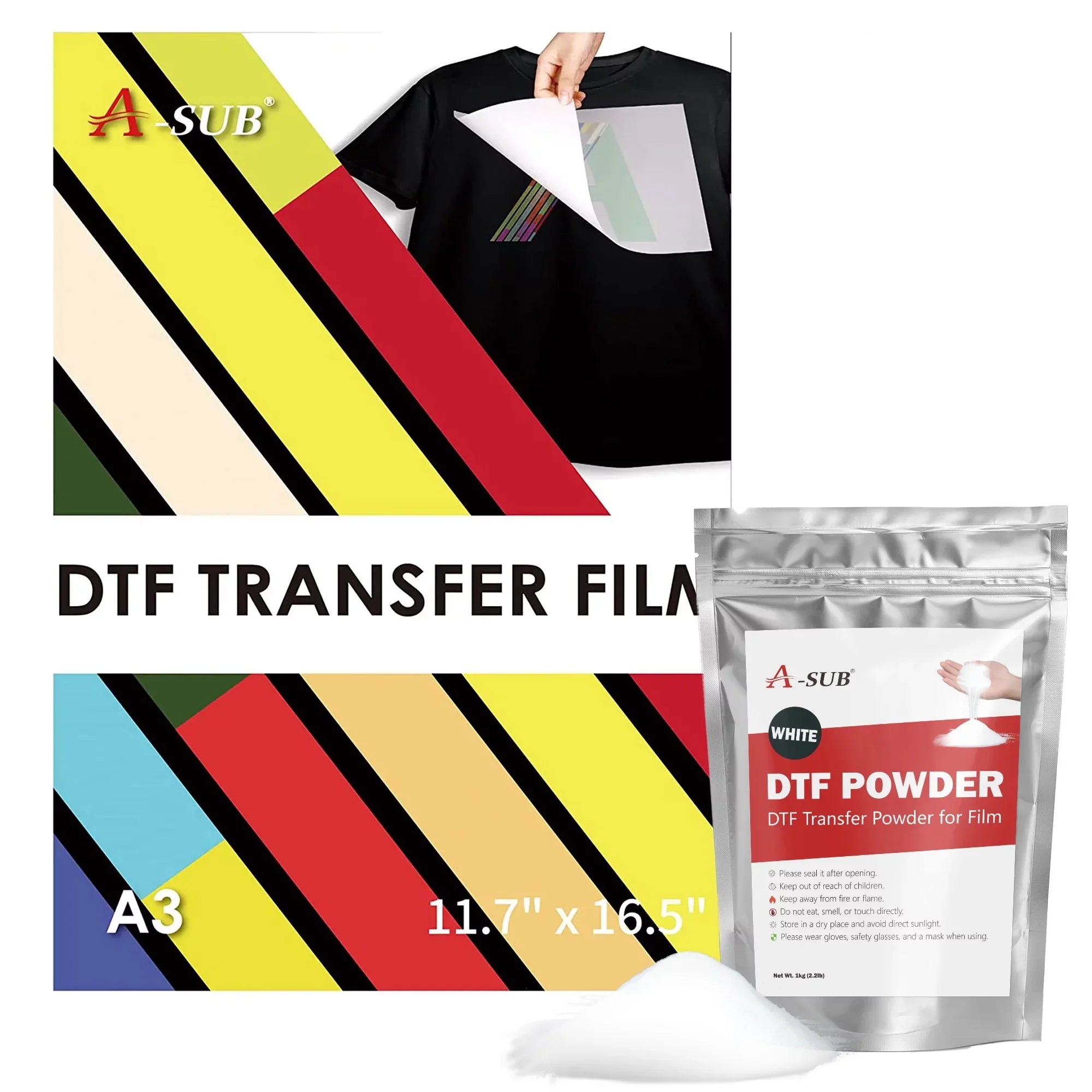 Powder and Film - -  Transfer Powder Adhesive for Sublimation Transfer and  Film Paper  11.7"x16.5" Clear Heat Transfer Film for Dark/Light Fabrics