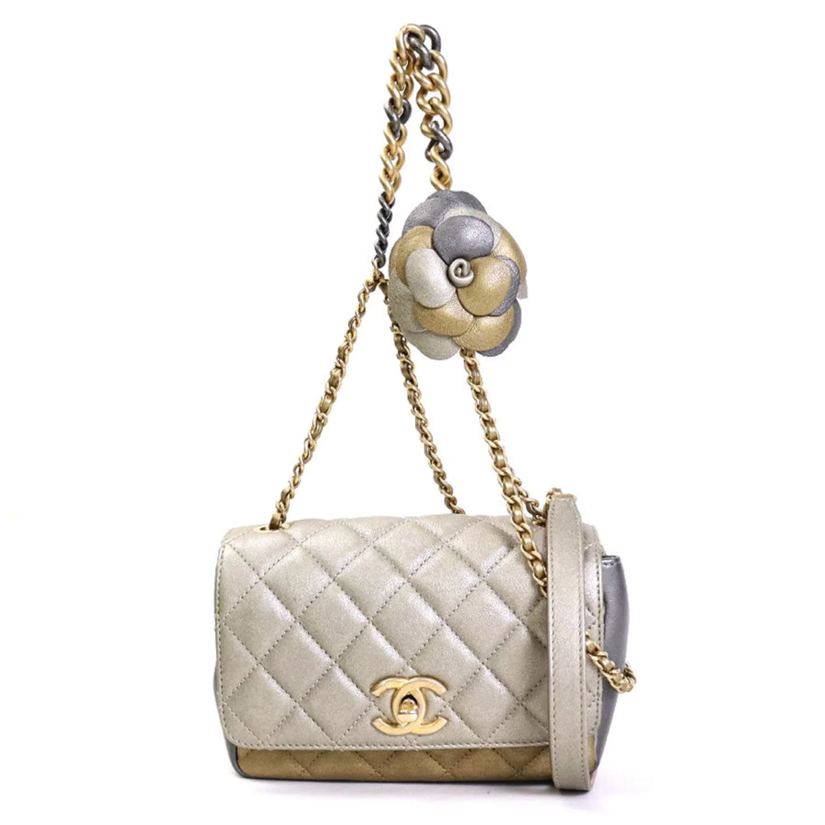Pre-Owned Chanel  Diagonal Shoulder Bag Matelasse Camellia Leather/Metal Greige/Gold/Gray Women's e55934a (Good)