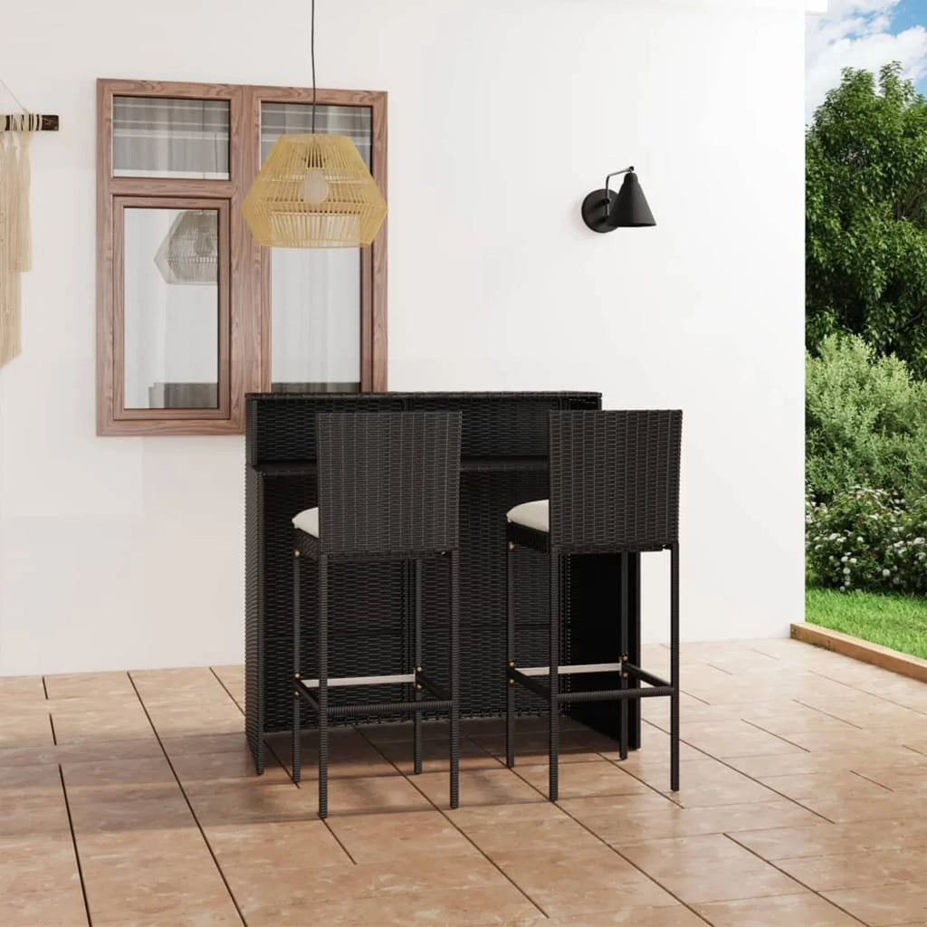 Anself 3 Piece Patio Bar Set Bar Table and 2 Cushioned Bar Stool Chair with Footrest and Backrest Black Poly Rattan for Patio, Balcony, Garden, Backyard, Outdoor Furniture