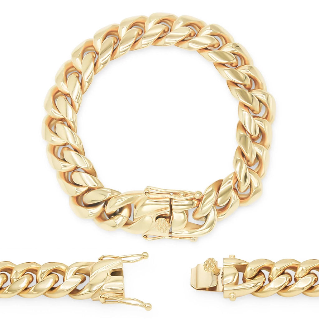 Cuban Link Bracelet 14K Gold Plated Curb Chain 9" Stainless Steel Fashion Jewelry for Adult Men 16 mm
