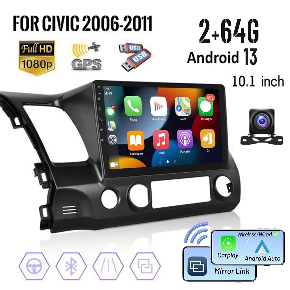 Podofo 2+64G for Honda Civic 2006-2011 Wireless Carplay Android Auto Mirror Link 10'' Touchscreen Car Stereo Radio Android 13  1080P   Hifi  Bluetooth,  Backup Camera