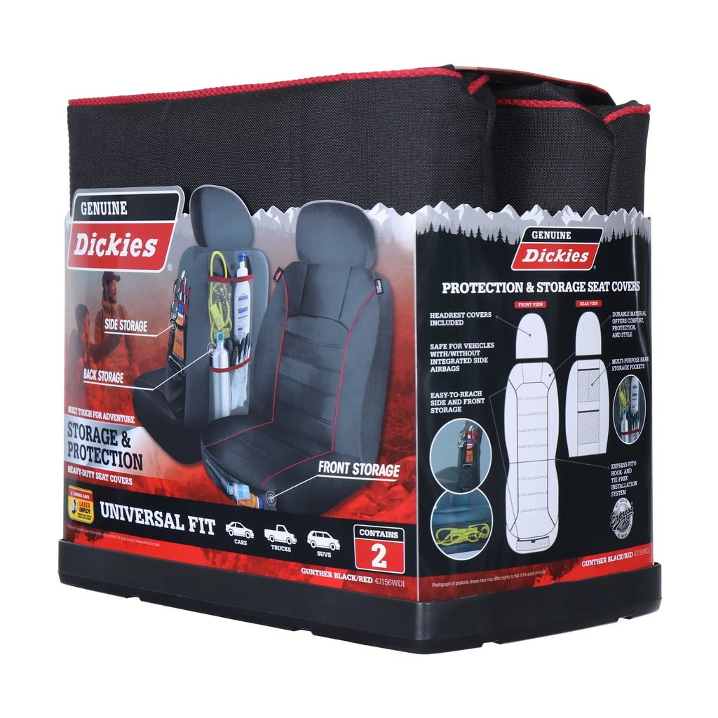 Genuine Dickies 2 Piece Universal Front Car Seat Covers with Storage - Black and Red, 43156WDI