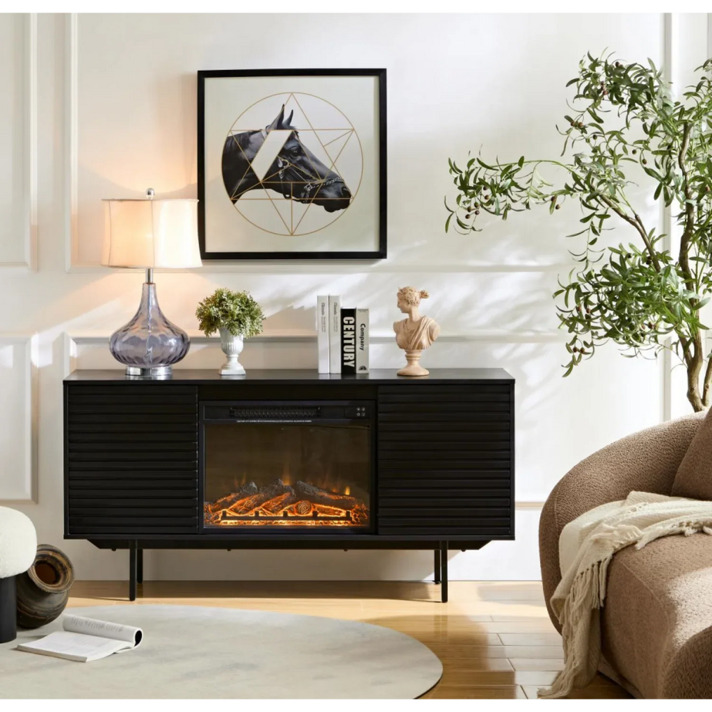 DeeHome  The whole cabinet is made of black oak board, the middle layer board on both sides of the cabinet can be adjusted, the furnace is embedded in the middle grid with the remote control