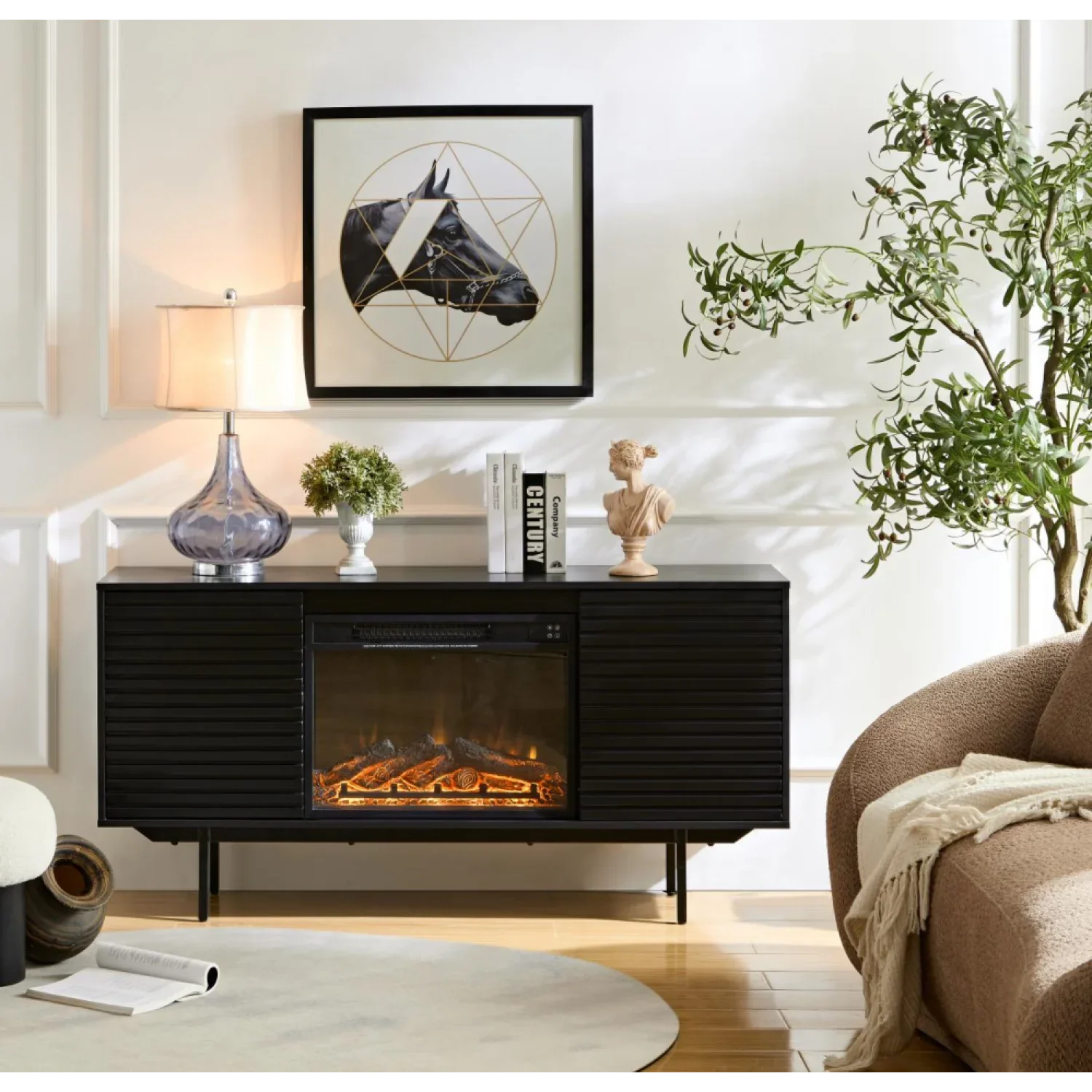 DeeHome  The whole cabinet is made of black oak board, the middle layer board on both sides of the cabinet can be adjusted, the furnace is embedded in the middle grid with the remote control