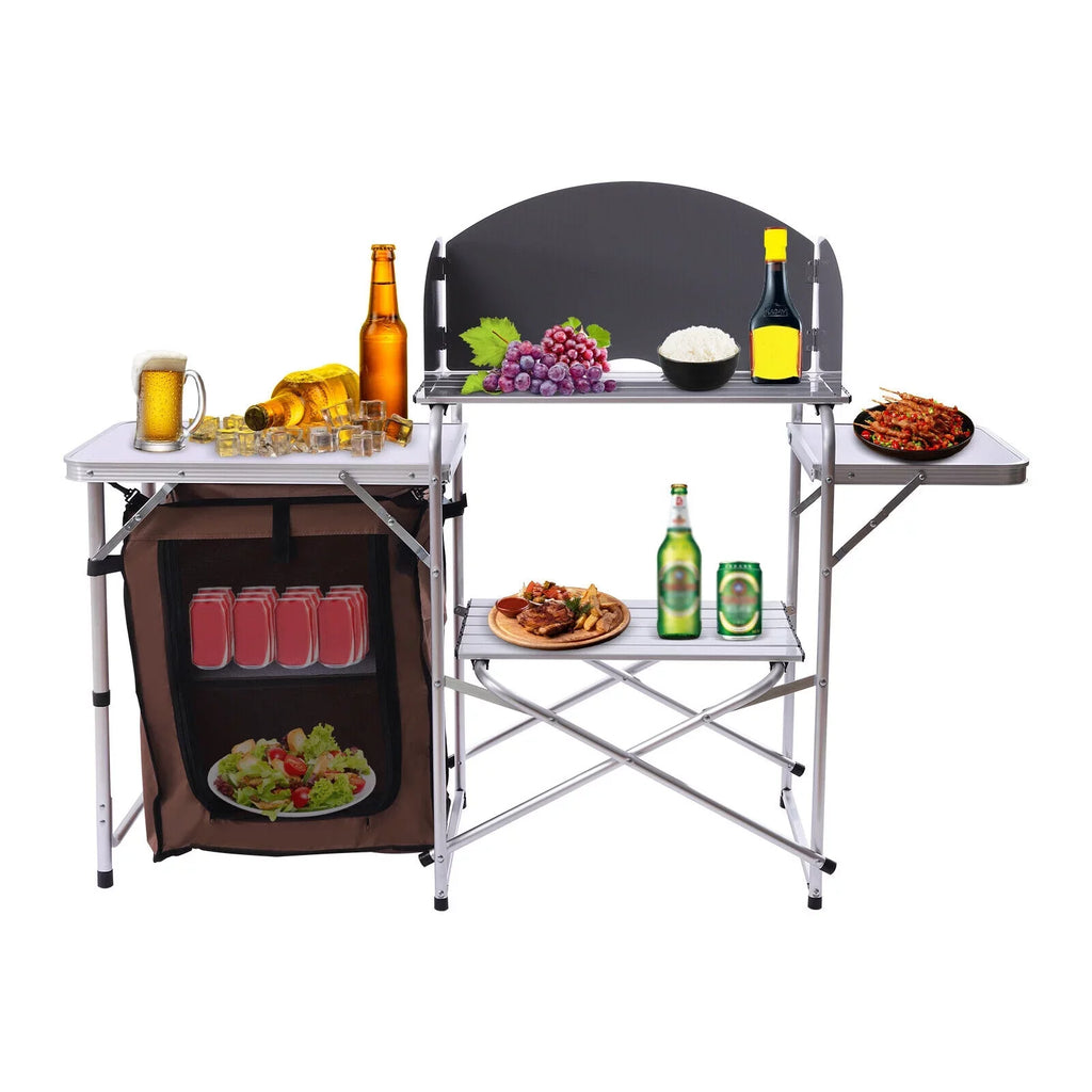 Folding Camping Kitchen Station Portable Barbecue Table Rack Brown Fabric Cover