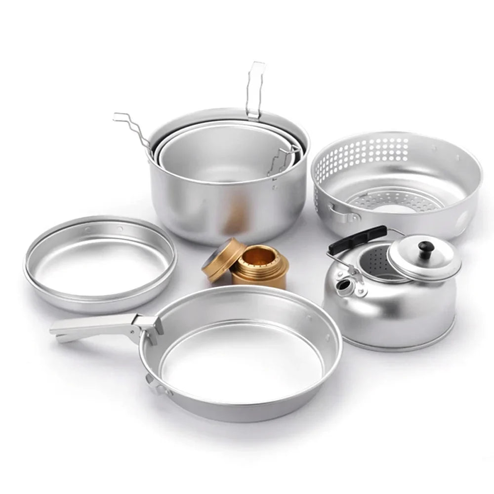 Htovila Camping Stove Kit, 10pcs Camping Pot Pan Stove Set for Cooking Backpacking, Portable Kitchenware for  Adventures