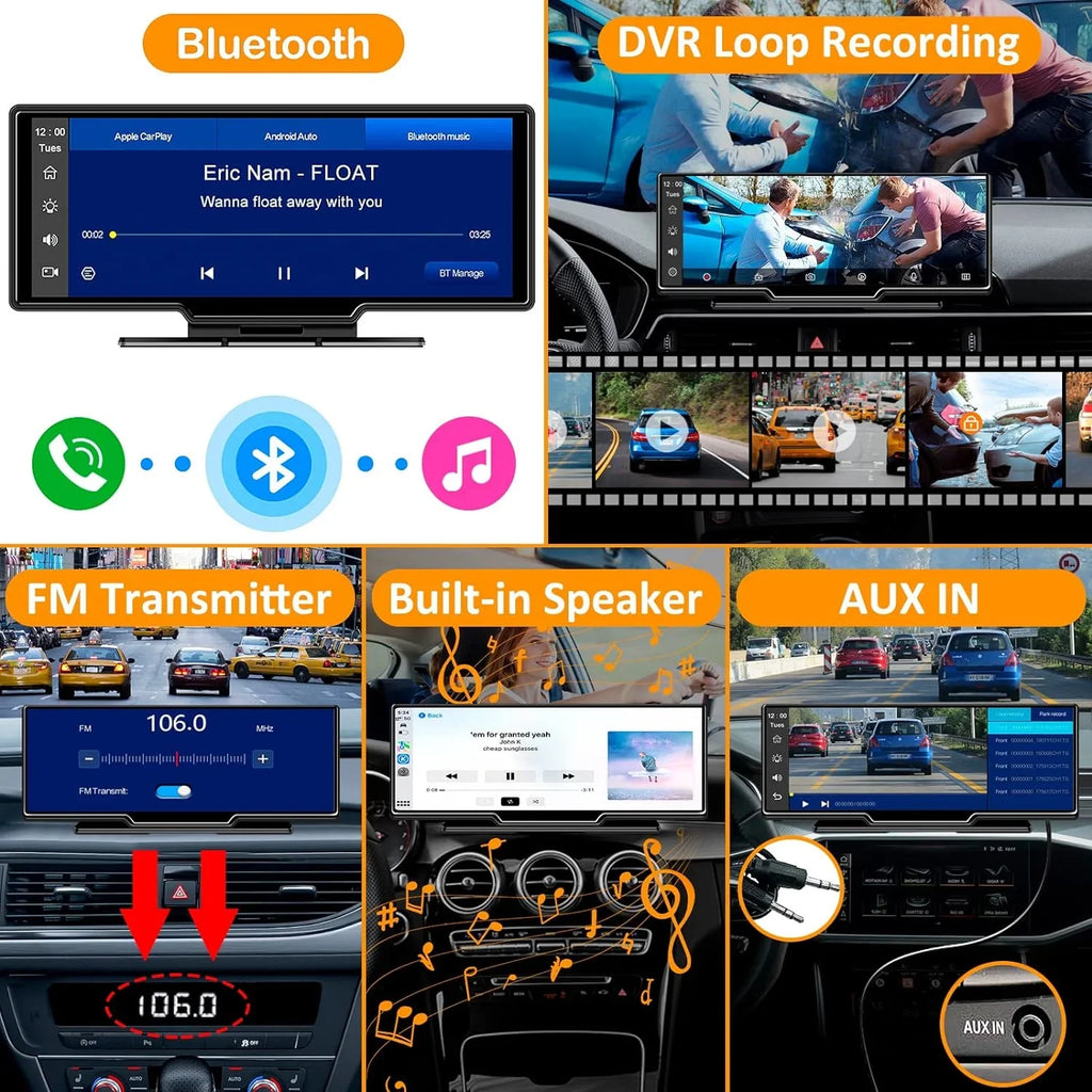 Portable Wireless Carplay Car Stereo with 2.5K Dash Cam - 9"   Screen, Android Auto, 1080p Backup Camera, Loop Recording, Bluetooth,  Navigation Head Unit, Car Radio Receiver