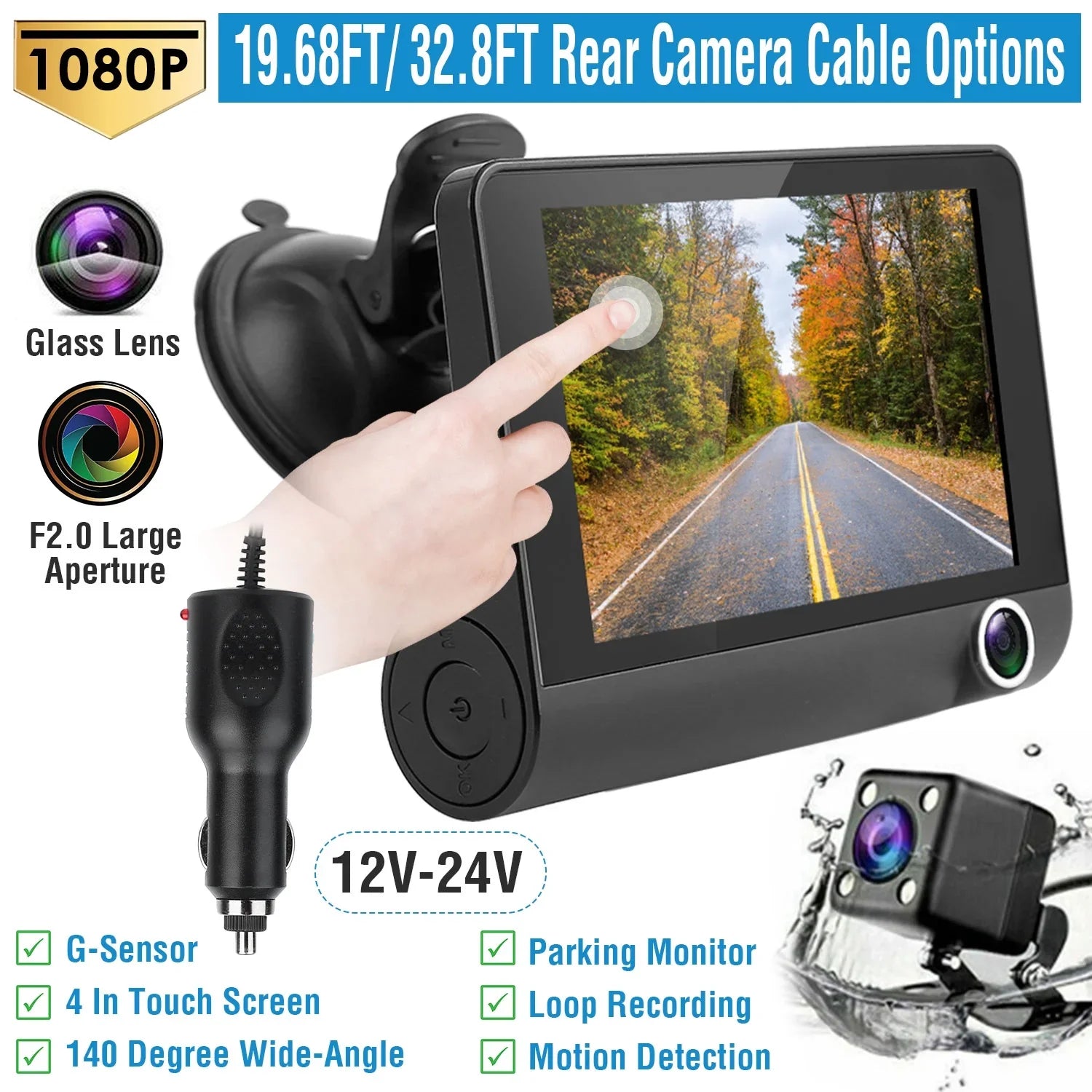 iMounTEK Car Recorder,  1080P 4in Touch Screen Car  Dash Camera 3 Lens Vehicle Driving Recorder Seamless Loop Recording with 32.8ft Rear Camera Wire, Black