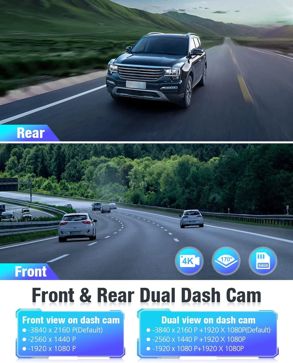 Dash Cam Front and Rear 4K/2K/1080P+1080P 5G WiFi  for Cars with Free 64G  Card, Night Vision, 24h Parking Mode,170°Wide, -Sensor, Loop Recording,