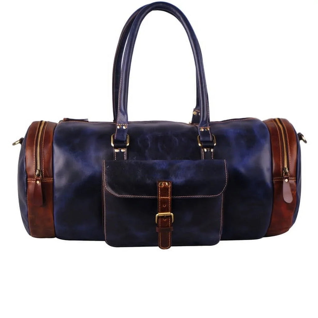 MaheTri Leather Blue Duffel Bag 22" Travel Bag for Gym Sports Weekender Bag