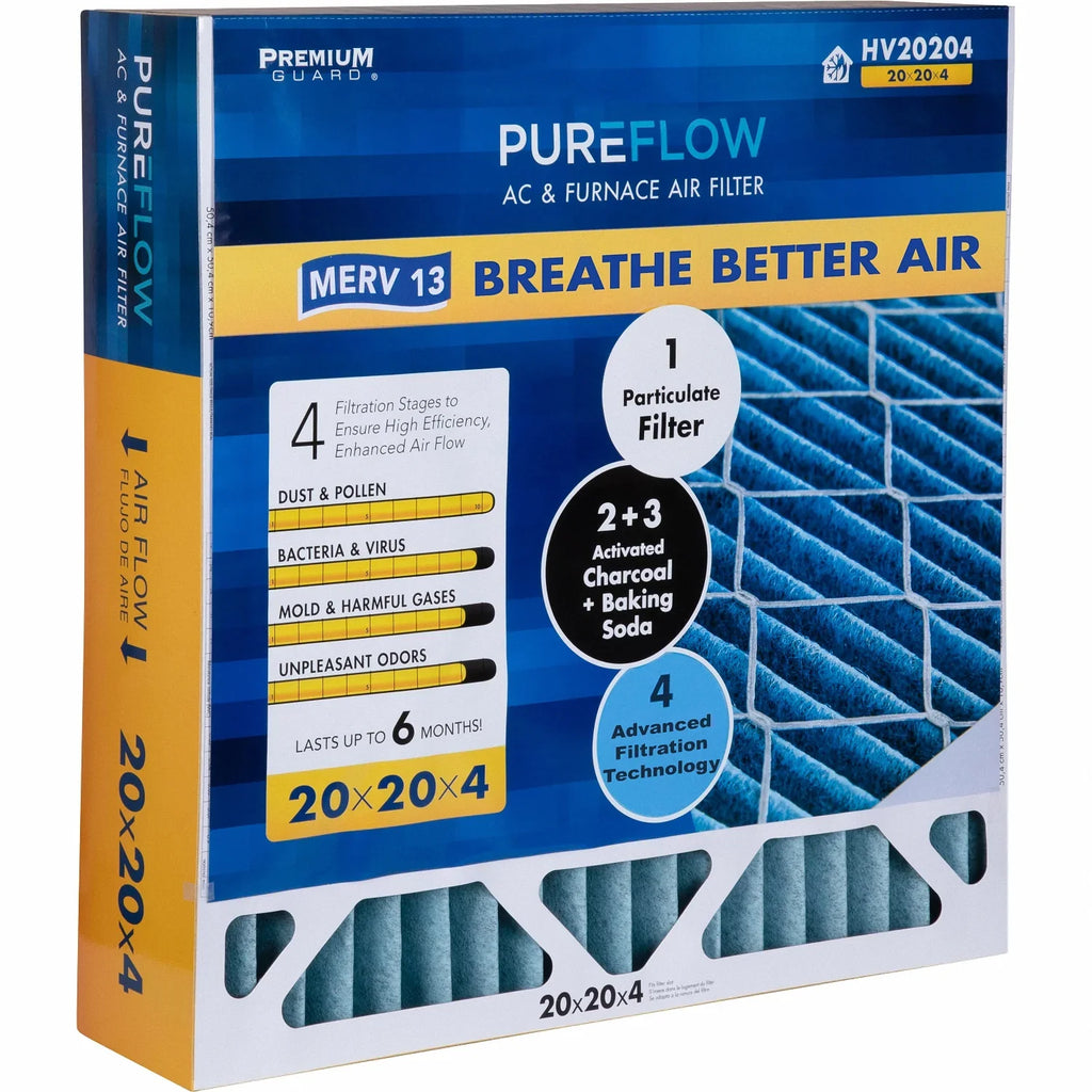 PureFlow , Home Furnace Air Filter 20x20x4, with 4 Layers of Advanced Filtration Technology, -13 Pack-of-2