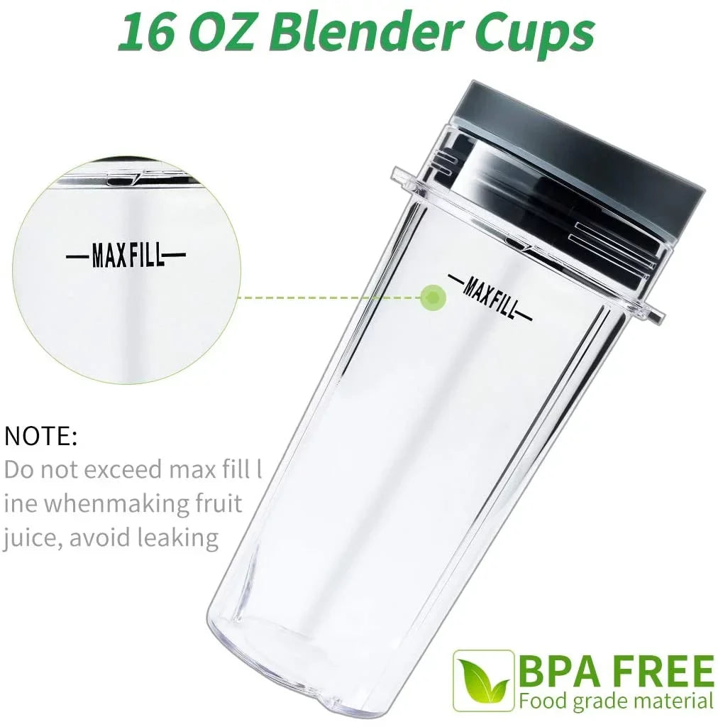 Enbizio Replacement Parts for Nutri Ninja Blender 6 Fins Blade Assembly and 2 Pack 16 oz Cup Set for    (3.35 inch)