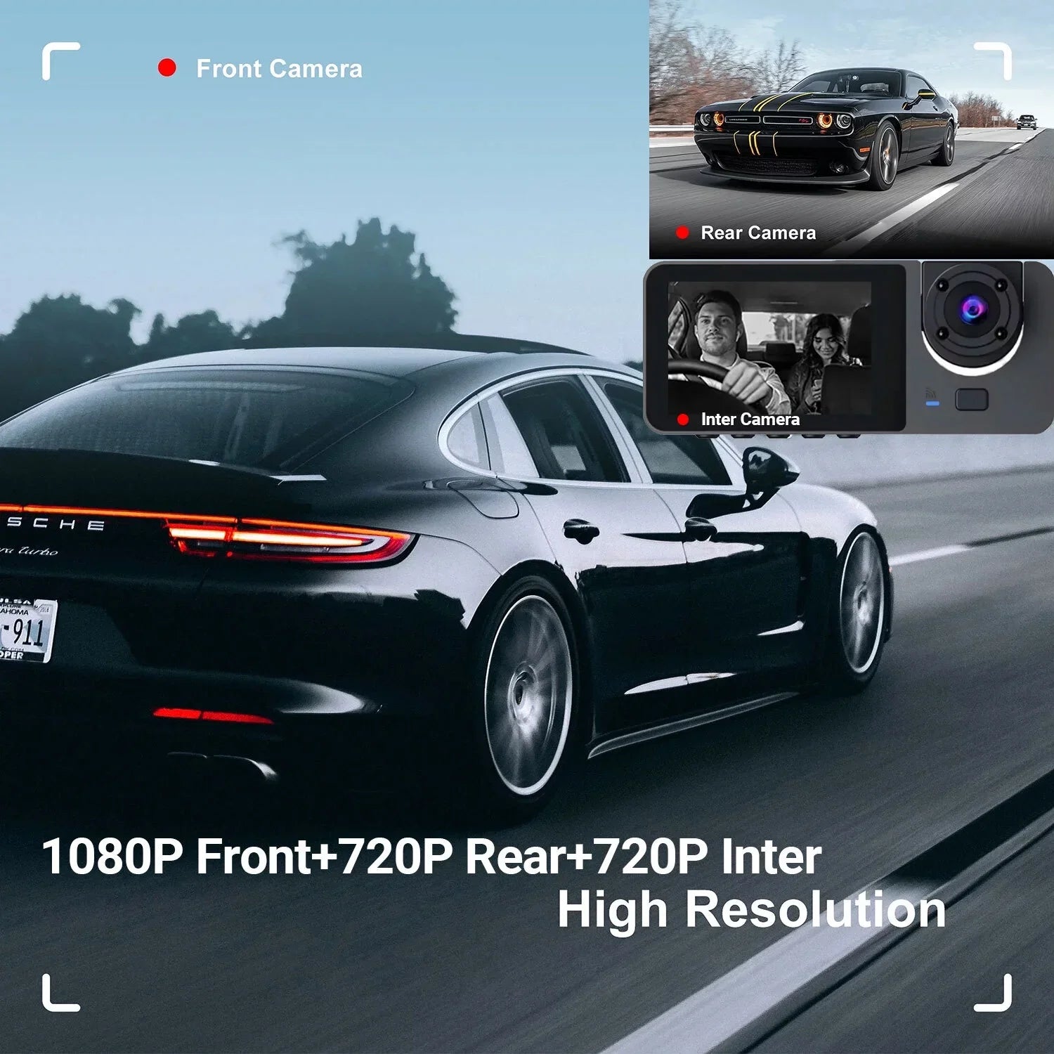 Hanru 1080P 3 Channel Front Rear Inside Dash Cam, Dash Camera,  Backup Cam for Cars, Three Way Triple Car Driving Recorder, 170°, Night Vision, Loop Recording, -Sensor, Parking Monitor,
