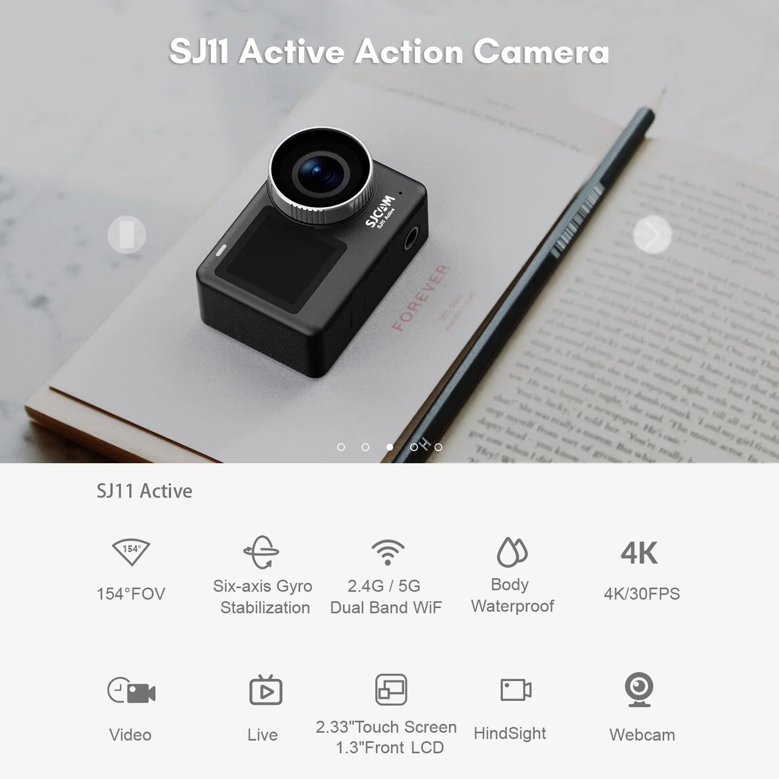 SJ11Active Mini Action Camera - 20MP, Waterproof, Anti-Shake, Dual Screen, Supports Live Streaming, Comes with Waterproof Case and Adapters