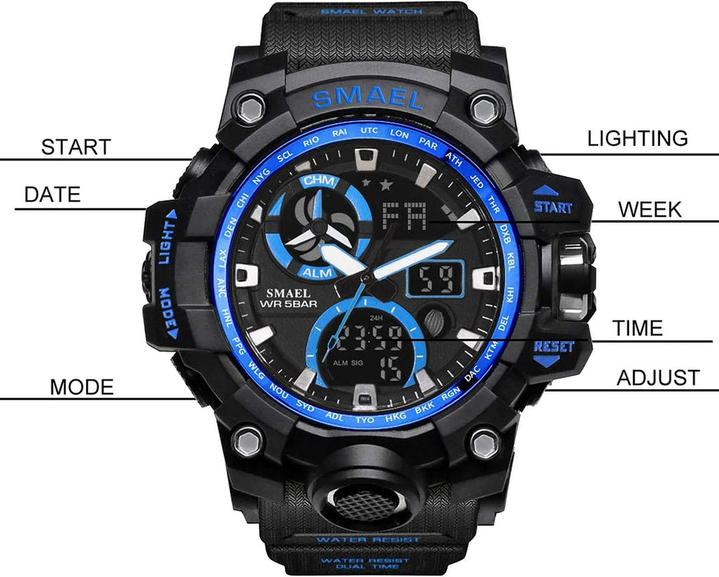 Military Men's Sports Analog Quartz Watch Dual Display Alarm Digital Watches with  Backlight