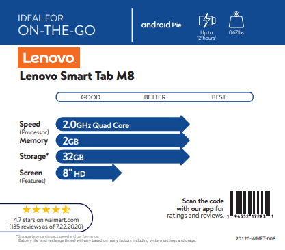 Lenovo Smart Tab  8" Tablet with Google Assistant, 32GB Storage, 2GB Memory, 2GHz Quad-Core Processor, Android 9 Pie,  Display