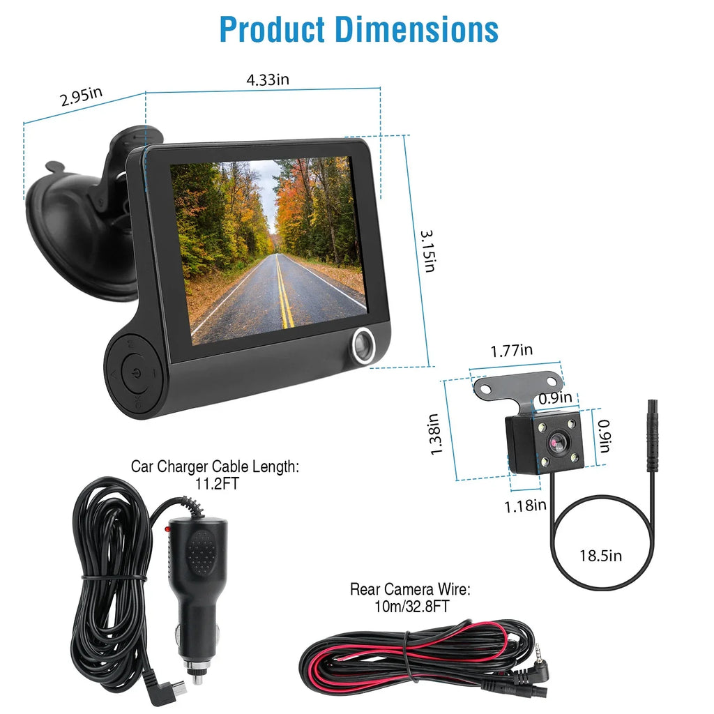 iMounTEK Car Recorder,  1080P 4in Touch Screen Car  Dash Camera 3 Lens Vehicle Driving Recorder Seamless Loop Recording with 32.8ft Rear Camera Wire, Black