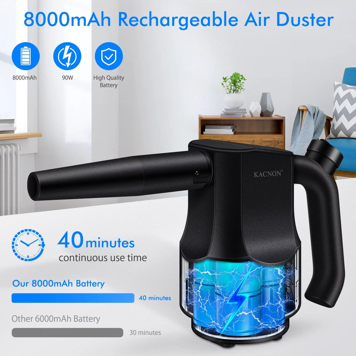Reesibi Electric Air Duster, Cordless Air Duster 8000mAh Rechargeable Compressed Air Dusters Reusable  Duster for Computer Keyboard Cleaning, 10W Fast Charging, Reusable Dust Destroyer