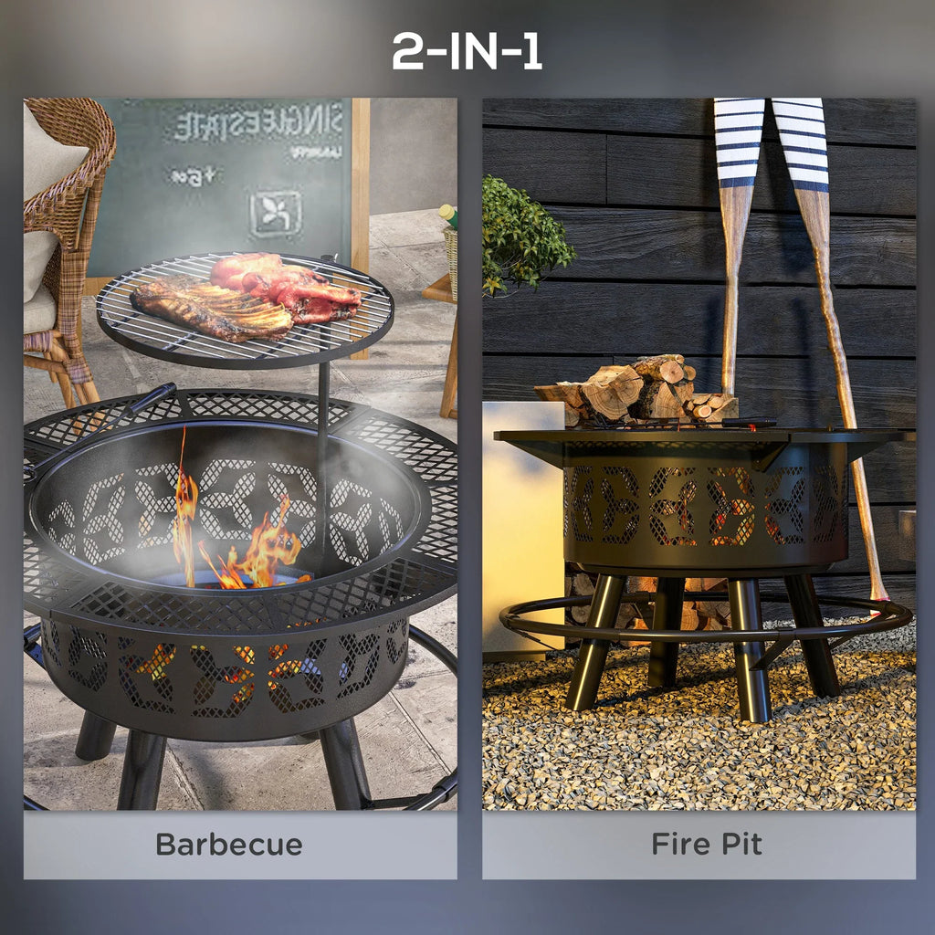 Capri 33" Outdoor Fire Pit  Grill Wood Burning Firepit with Adjustable Cooking Grate and Poker, Round, for Backyard, Patio, Picnic, Black