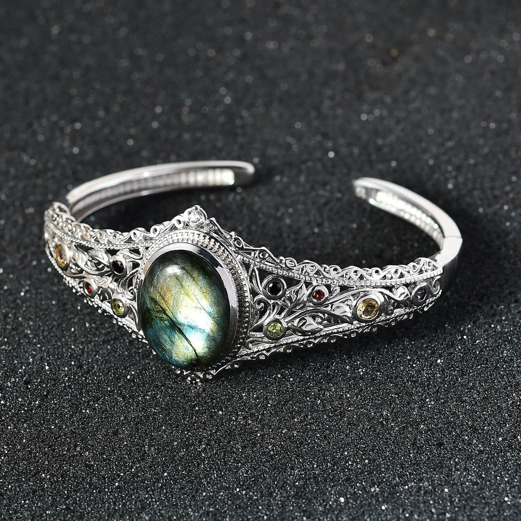 Shop  Labradorite Multi Gemstone Oval Platinum Plated Cuff Bangle Bracelet for Women Jewelry Size 7.25" Ct 15.05 Birthday Mothers Day Gifts for Mom