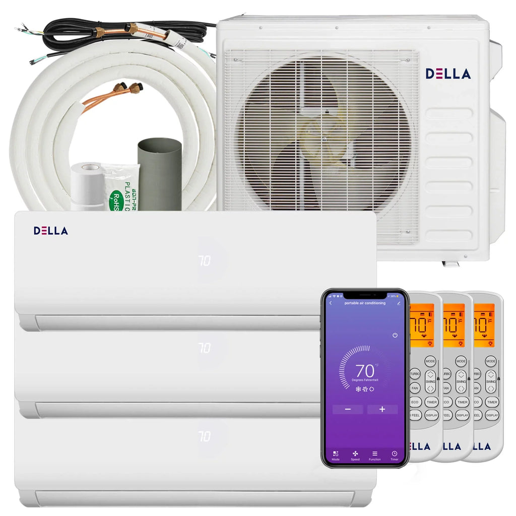 Della 27K   Tri 3 Zone 9K 9K 9K  20  208/230V Cools Up to 1200 Sq.Ft Wifi Energy Efficient Multi Zone Ductless Mini Split Air Conditioner Heat Pump Full Set with 16ft Installation Kits