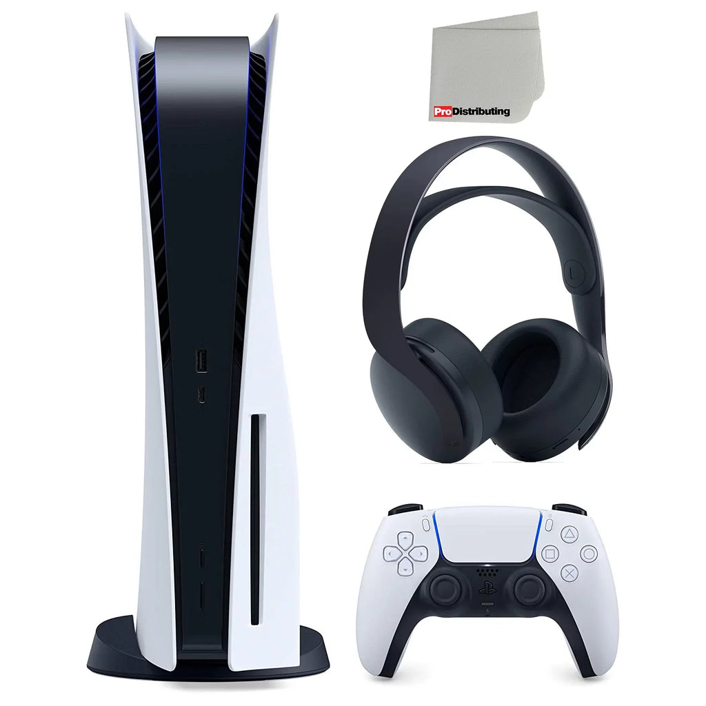 Sony Playstation 5 Disc Version  Console and Black Pulse 3D Headset Bundle with Microfiber Cleaning Cloth