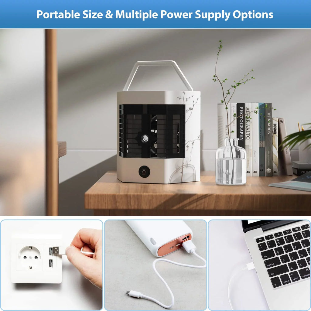 Mini Portable Air Cooler Personal Space Cooler Easy to Fill Water and Led Light and Portable Air Conditioner Device Cool Any Space Like Home office
