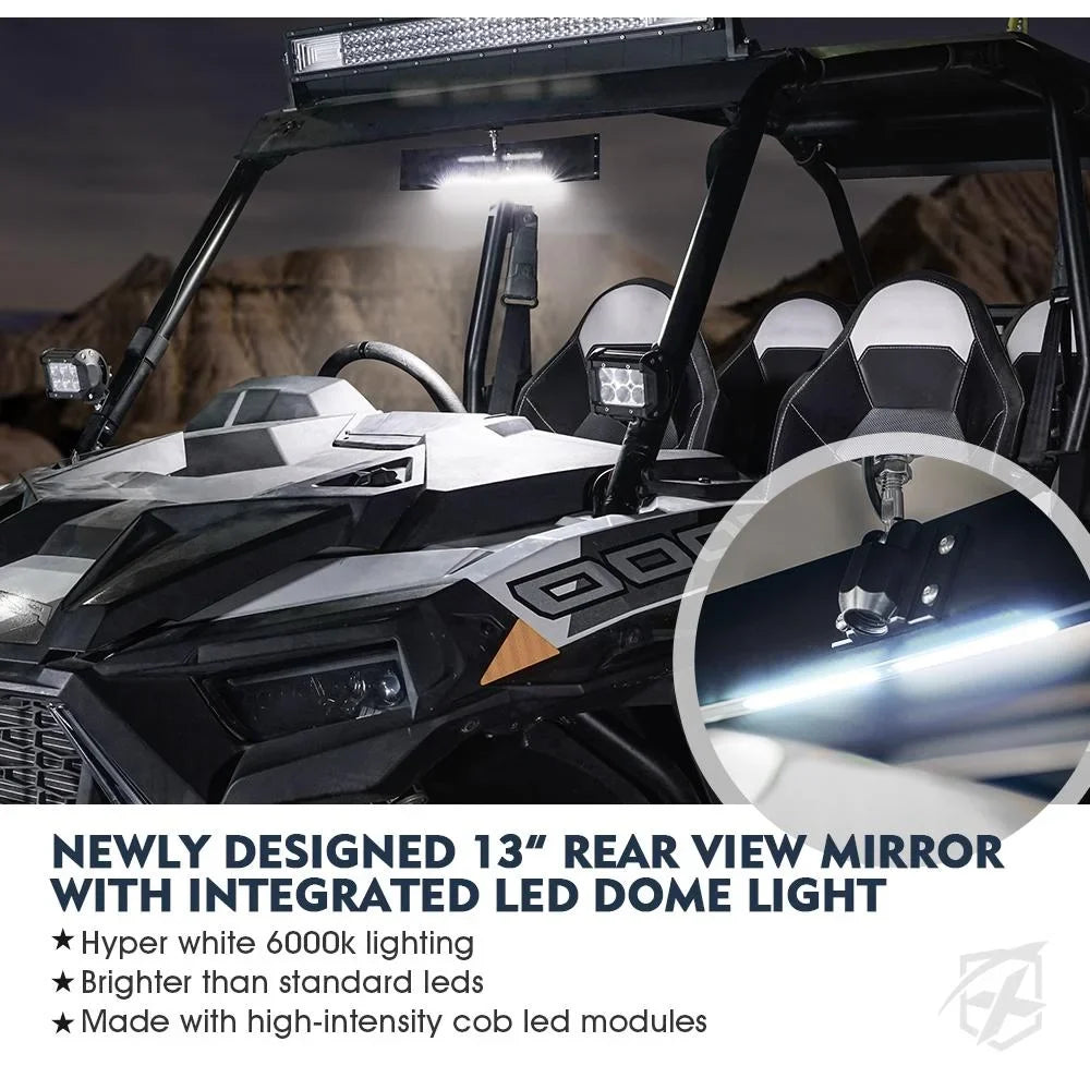 Xprite 13" Curved  Rear View Mirror w/ Integrated  Lights & Switch for 1.75"-2" Rollbars