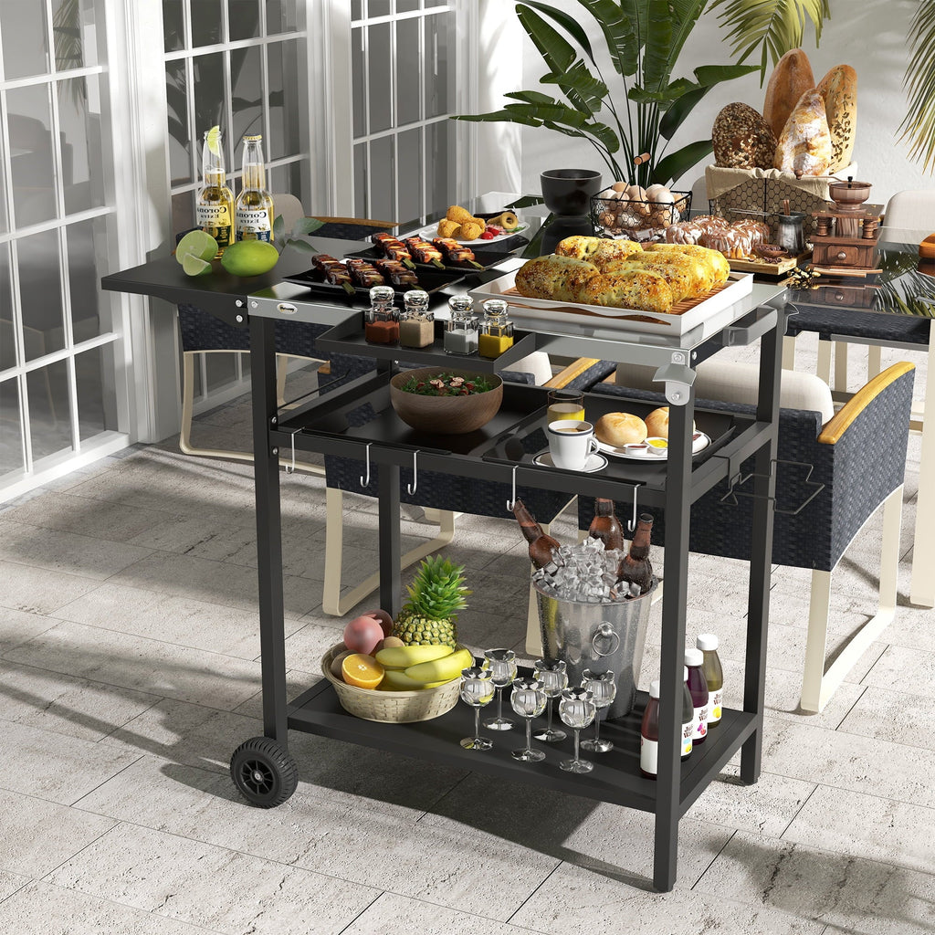 Outdoor Bar Cart with Stainless Steel Tabletop, Kitchen Island with Wheels, 2 Tiers & Seasoning Shelf, Patio Serving Cart with Hooks, Towel & Garbage Bag Holder, Plates & Spice Jars, Black