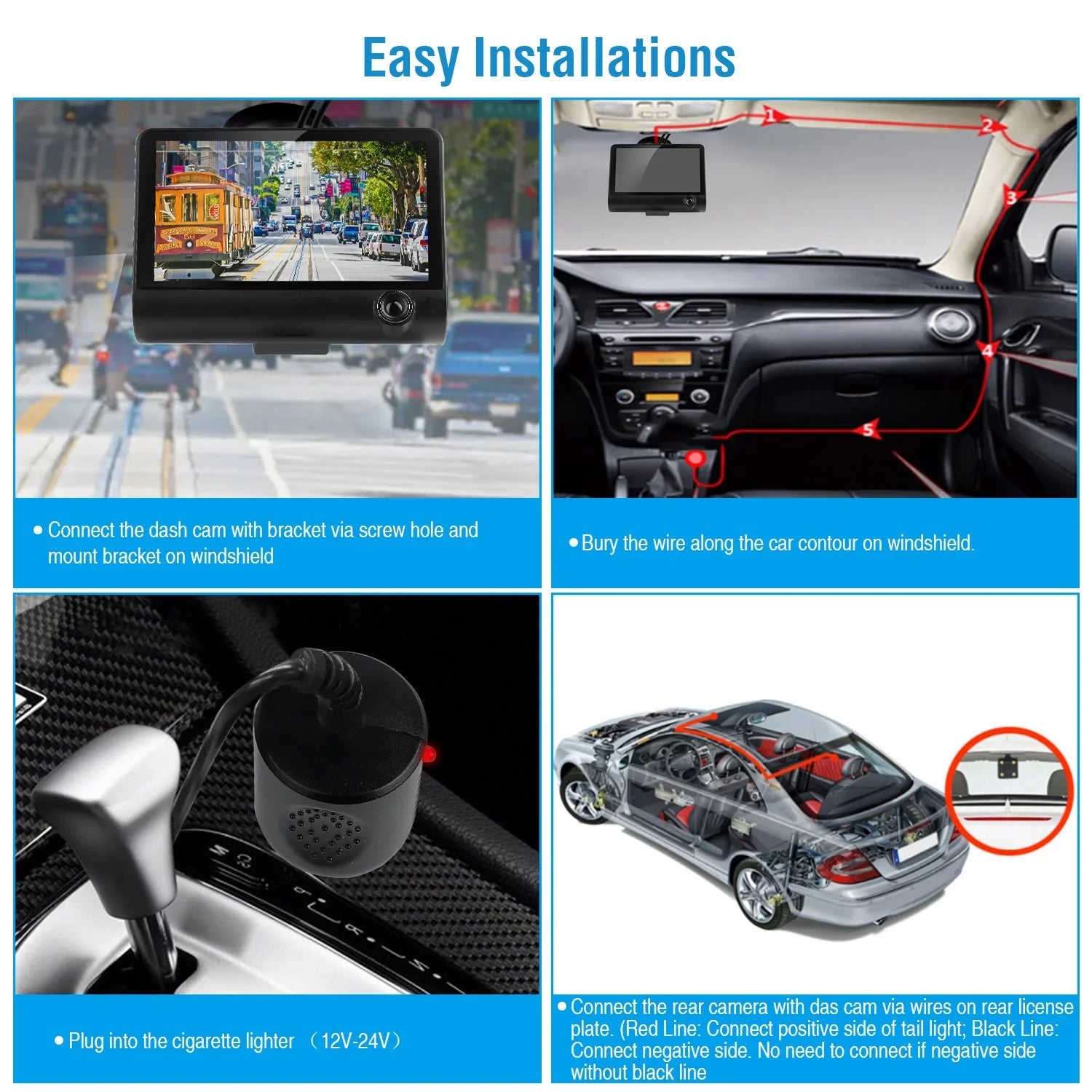 iMounTEK Car Recorder,  1080P 4in Touch Screen Car  Dash Camera 3 Lens Vehicle Driving Recorder Seamless Loop Recording with 32.8ft Rear Camera Wire, Black