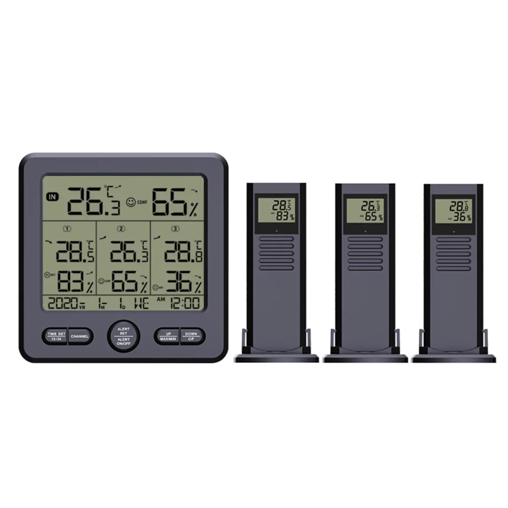 Anself Digital Wireless Indoor  Thermohygrometer with 3 Remote Sensors 98ft/ 30m Backlight & Calibration Function Humidity Monitor with 3 Transmitters Weather Stations for Home Office Gree