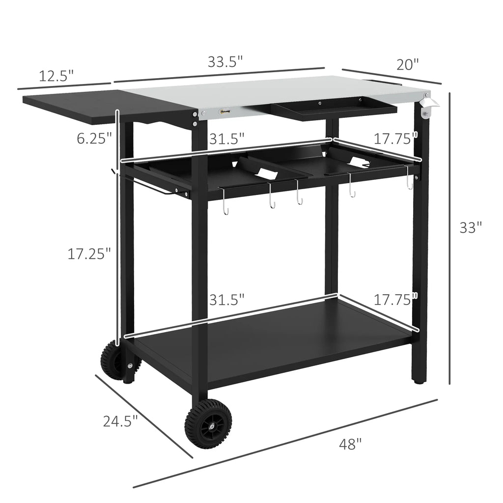 Outdoor Bar Cart with Stainless Steel Tabletop, Kitchen Island with Wheels, 2 Tiers & Seasoning Shelf, Patio Serving Cart with Hooks, Towel & Garbage Bag Holder, Plates & Spice Jars, Black