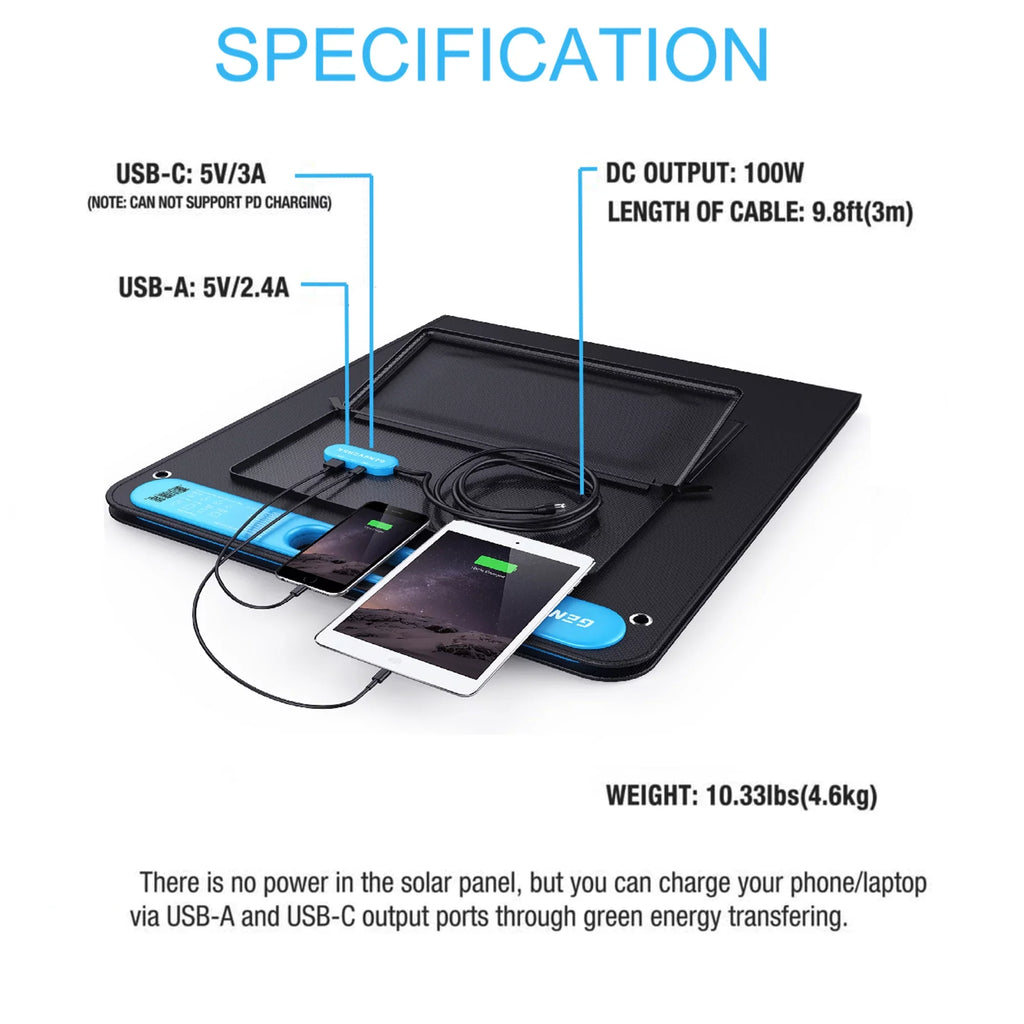 100 Watts SolarPower One Monocrystalline Portable Solar Panel with built-in - and - ports