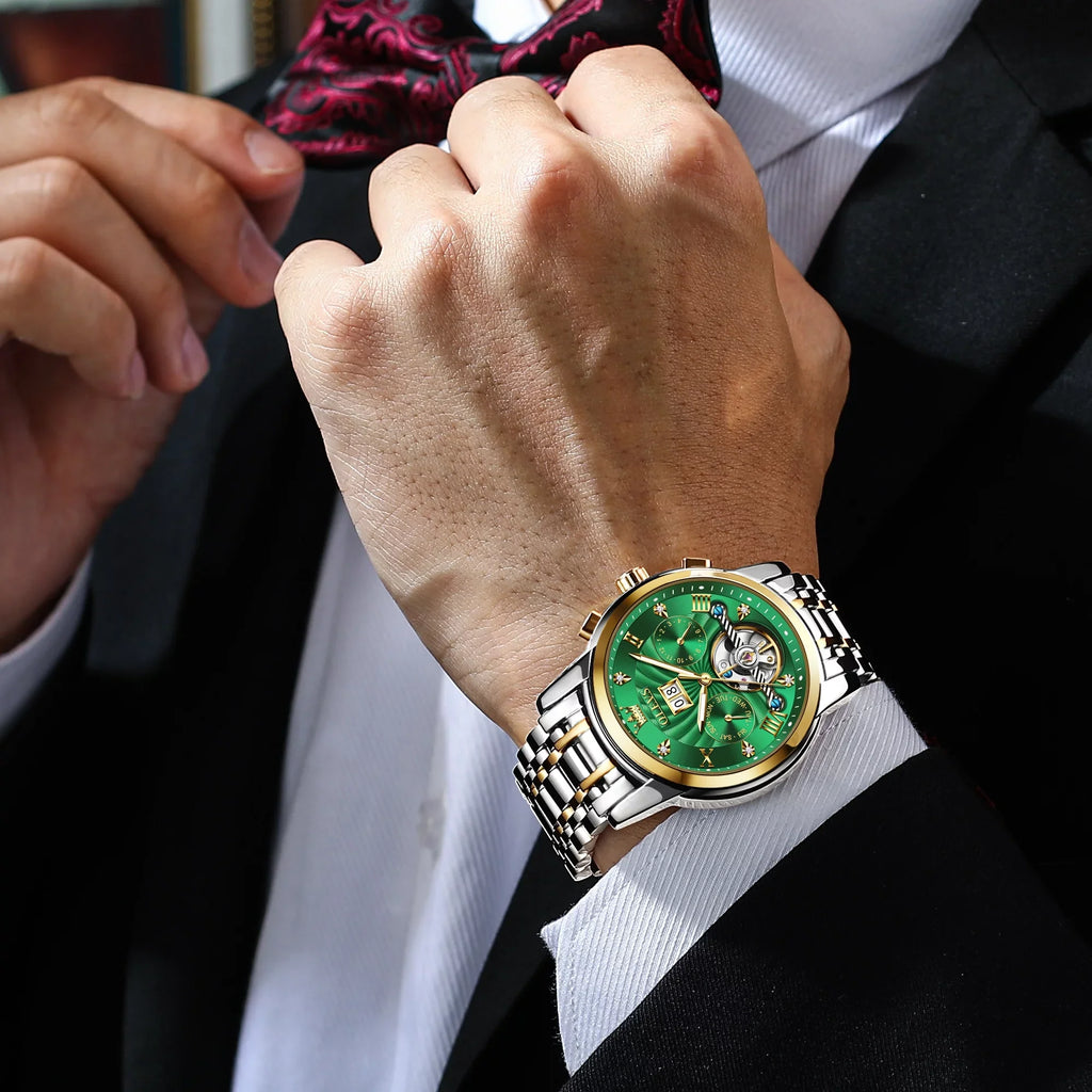 Automatic Watches for Men Luxury Business Dress Mens Watches Diamond Skeleton Self-Winding Stainless Steel Band