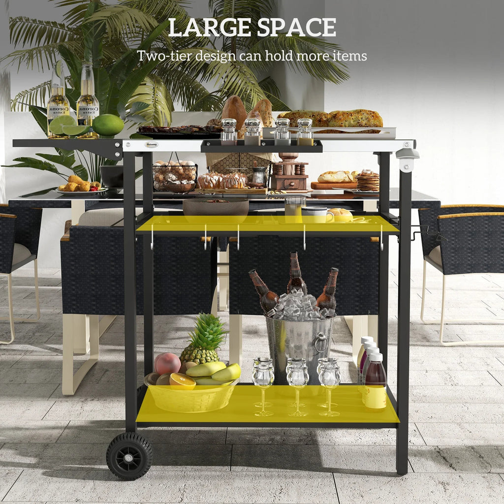 Outdoor Bar Cart with Stainless Steel Tabletop, Kitchen Island with Wheels, 2 Tiers & Seasoning Shelf, Patio Serving Cart with Hooks, Towel & Garbage Bag Holder, Plates & Spice Jars, Black