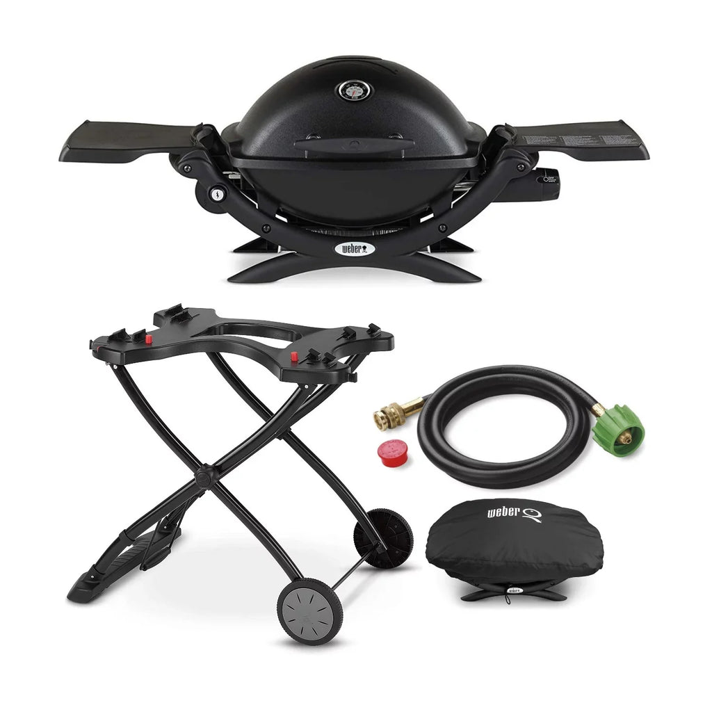 Weber  Liquid Propane Grill (Black) with Portable Cart, Adapter Hose Bundle