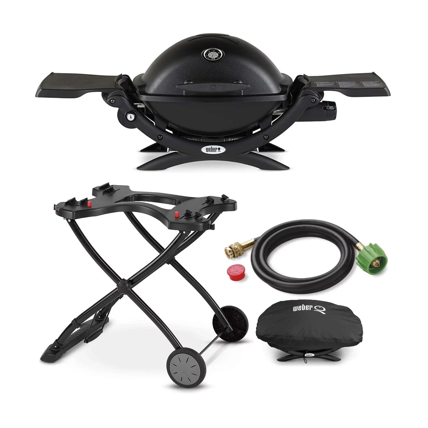 Weber  Liquid Propane Grill (Black) with Portable Cart, Adapter Hose Bundle