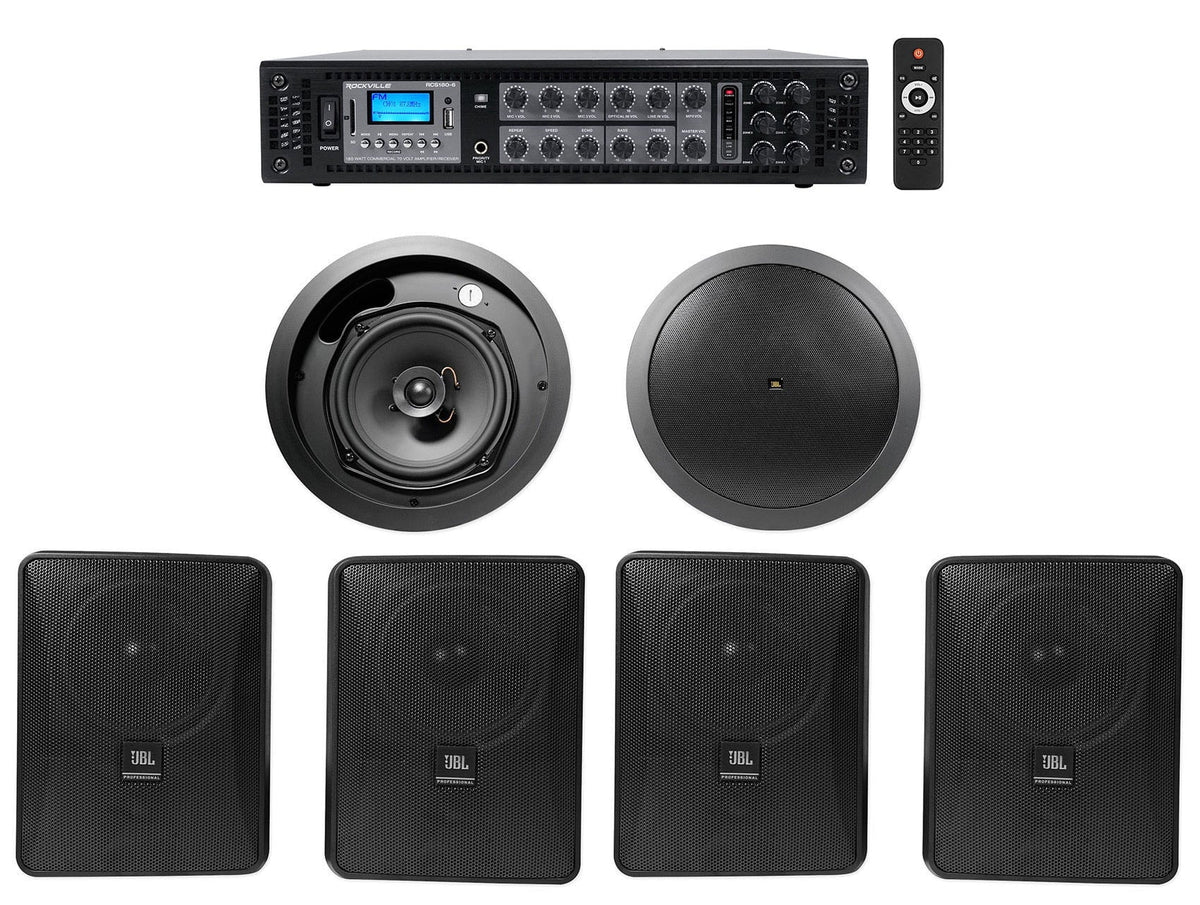 4)  5.25" Black Commercial Wall+6.5" Ceiling Speakers+Amp Restaurant/Cafe/Bar