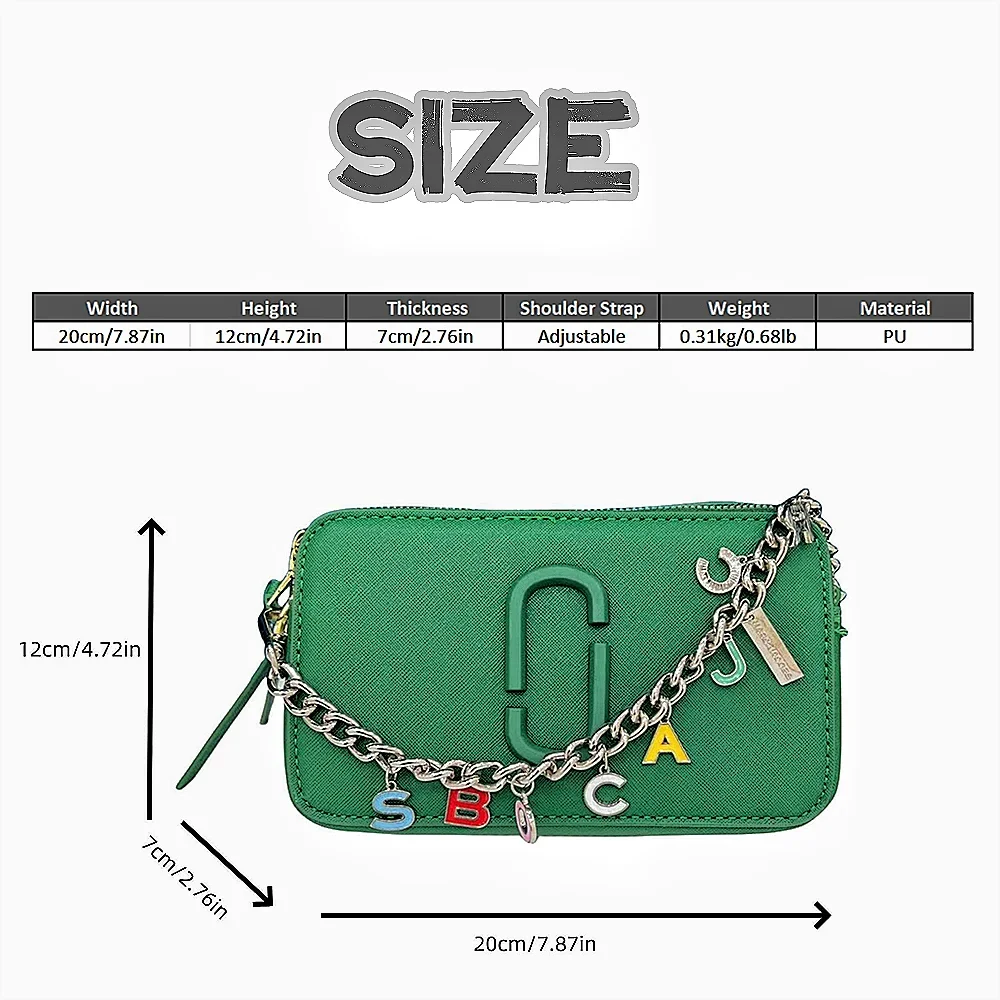Women's Black Leather Cross body Snapshot Bag with Logo Chain Strap