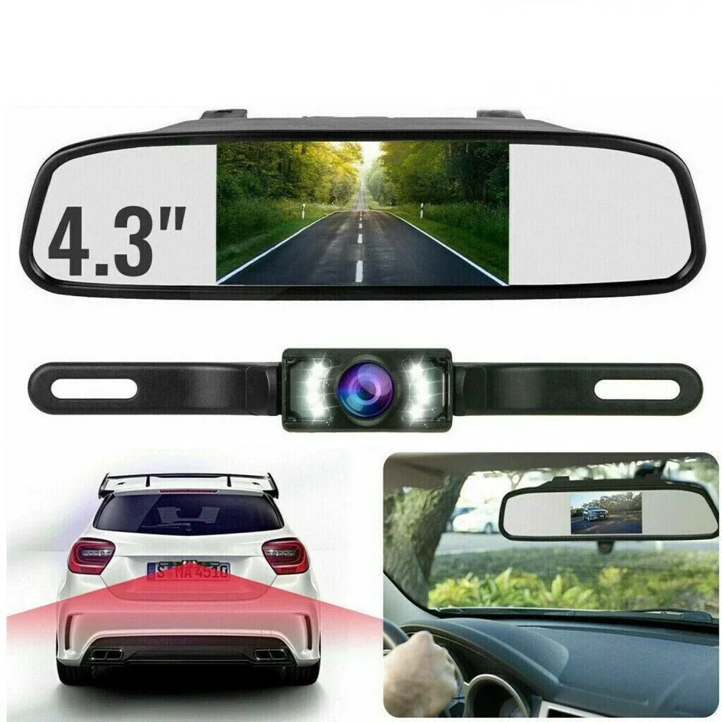 Car Backup Camera Kit 4.3" Mirror Monitor Waterproof License Plate Vehicle Rear View Camera with 7   Night Vision