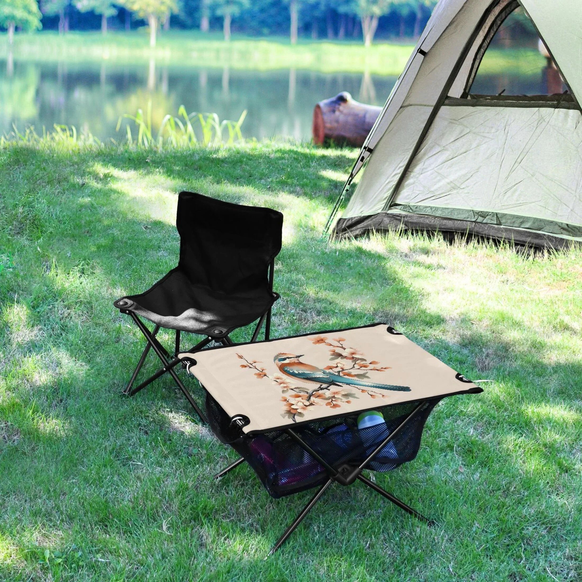 Birds on Flower Branches Camping Folding Table Portable Beach Table with Storage Bag Compact Picnic Table for Outdoor Travel Fishing