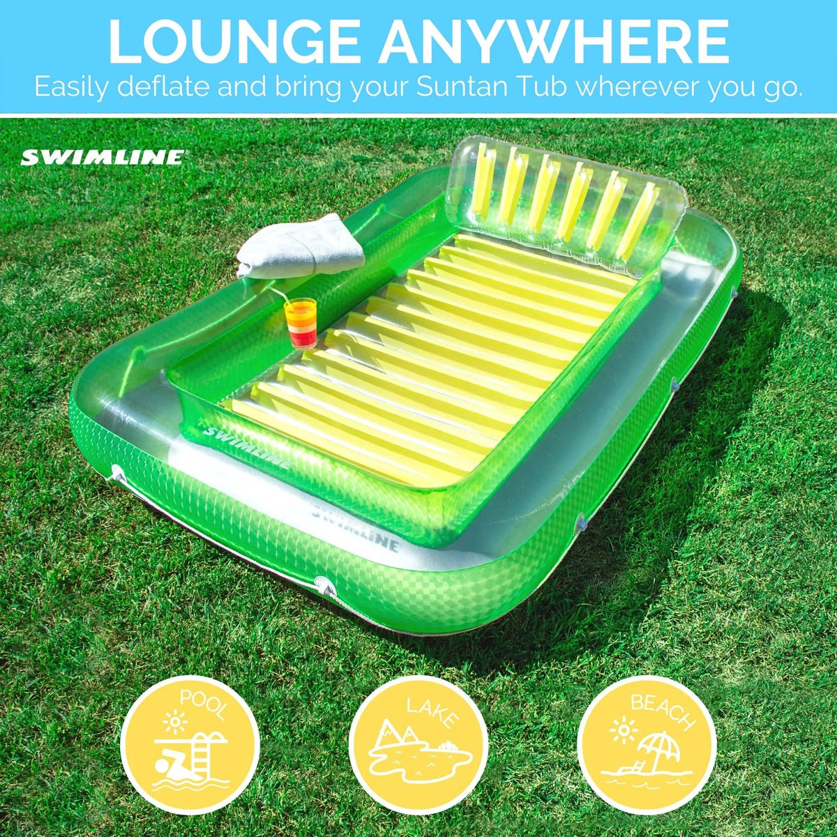 Original Suntan Tub Classic Edition Inflatable Floating Lounger Green and Yellow  Tanning Pool Hybrid Lounge