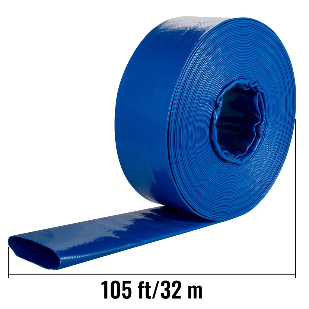 Discharge Hose, 3" x 105',  Fabric Lay Flat Hose, Heavy Duty Backwash Drain Hose with Clamps, Weather-proof & Burst-proof, Ideal for Swimming Pool & Water Transfer, Blue