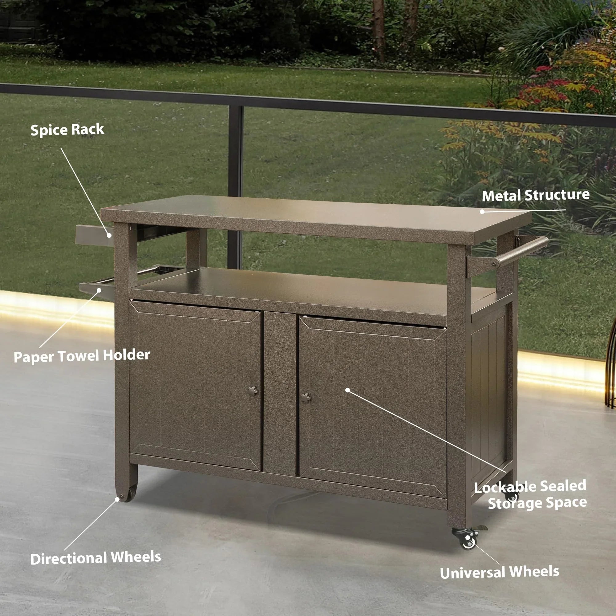 Homiyad Grill Carts Outdoor Storage Cabinet with Wheels, Metal Outdoor Grill Table Kitchen Dining Table Cooking Prep  Table for Patio, Kitchen Island, Home Party, Bar (Brown)