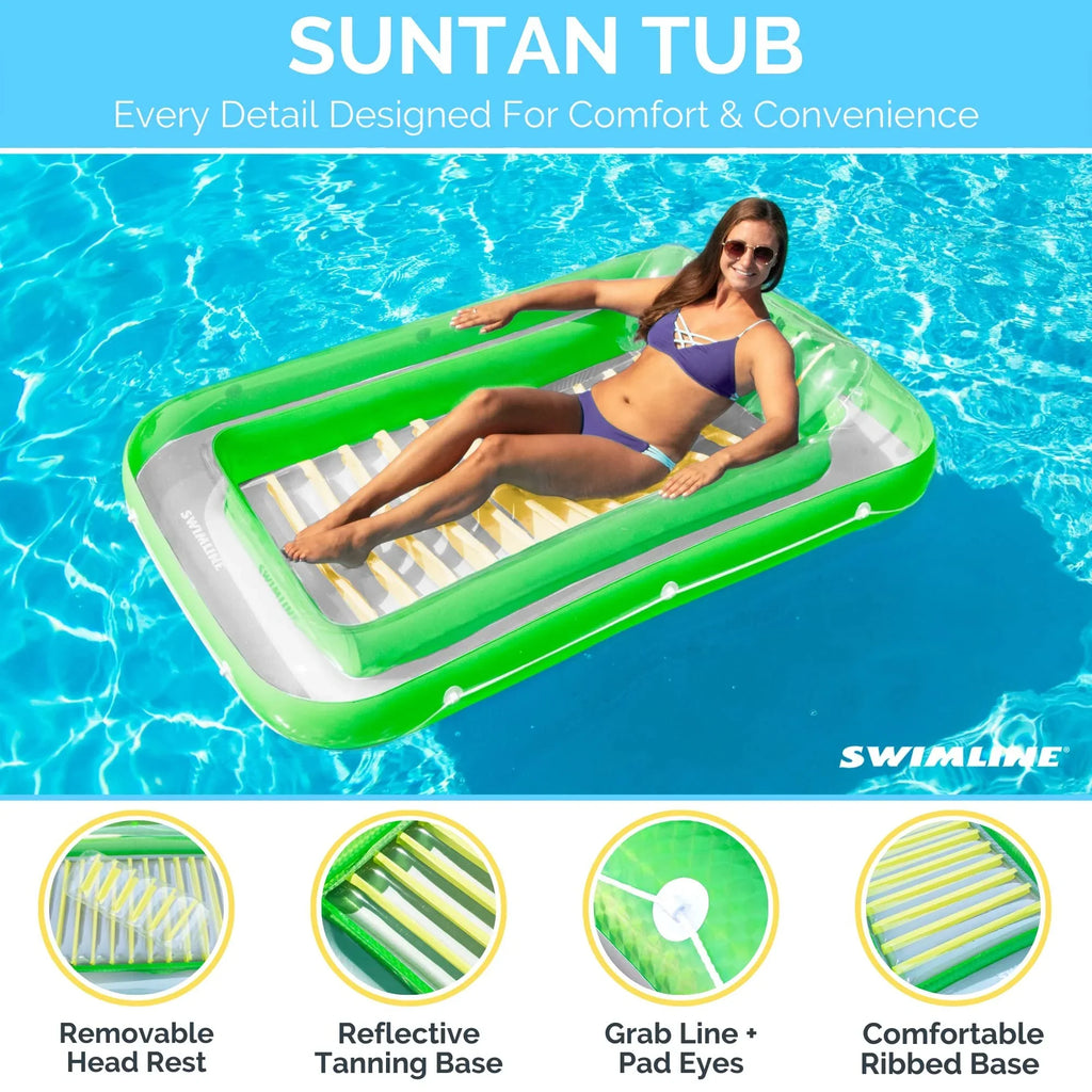 Original Suntan Tub Classic Edition Inflatable Floating Lounger Green and Yellow  Tanning Pool Hybrid Lounge