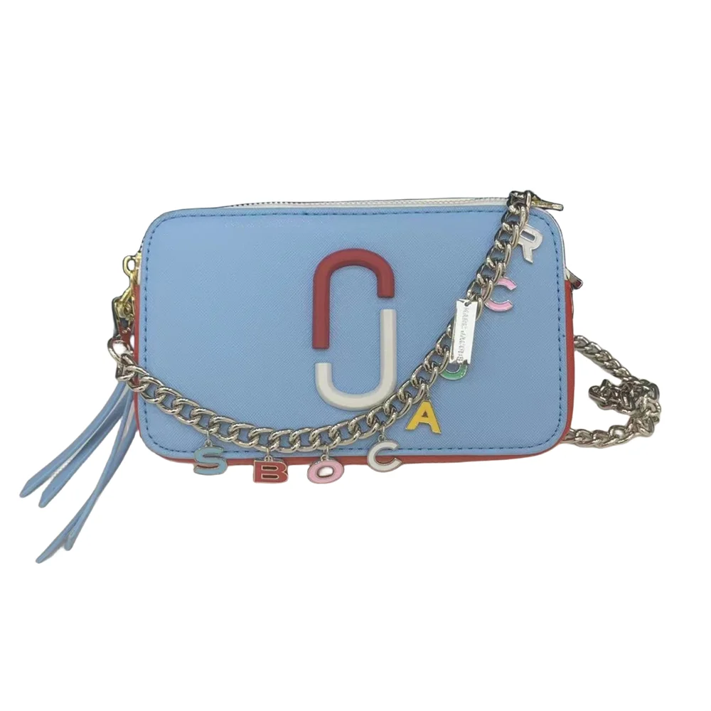 Women's Black Leather Cross body Snapshot Bag with Logo Chain Strap